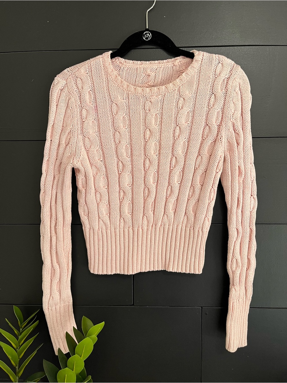 Blush Pink Cable Knit Sweater Long Sleeve Crew Neck Cropped Pullover Sz S GUC